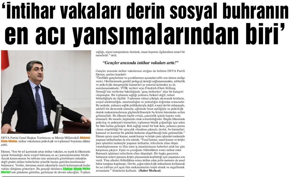 İNTİHARLAR, DERİN SOSYAL BUHRANIN EN ACI YANSIMALARI!' — gazete kupürü