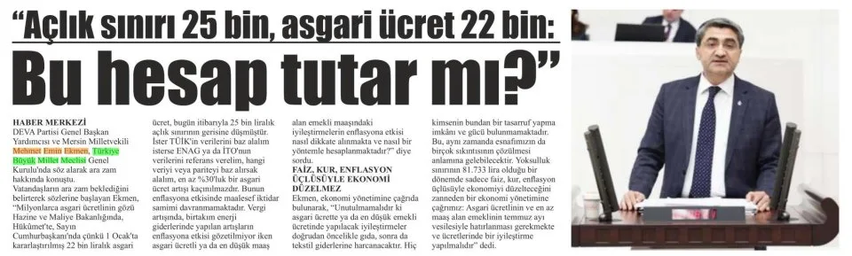 "AÇLIK SINIRI 25 BİN, ASGARİ ÜCRET 22 BİN: BU HESAP TUTAR MI?" — gazete kupürü