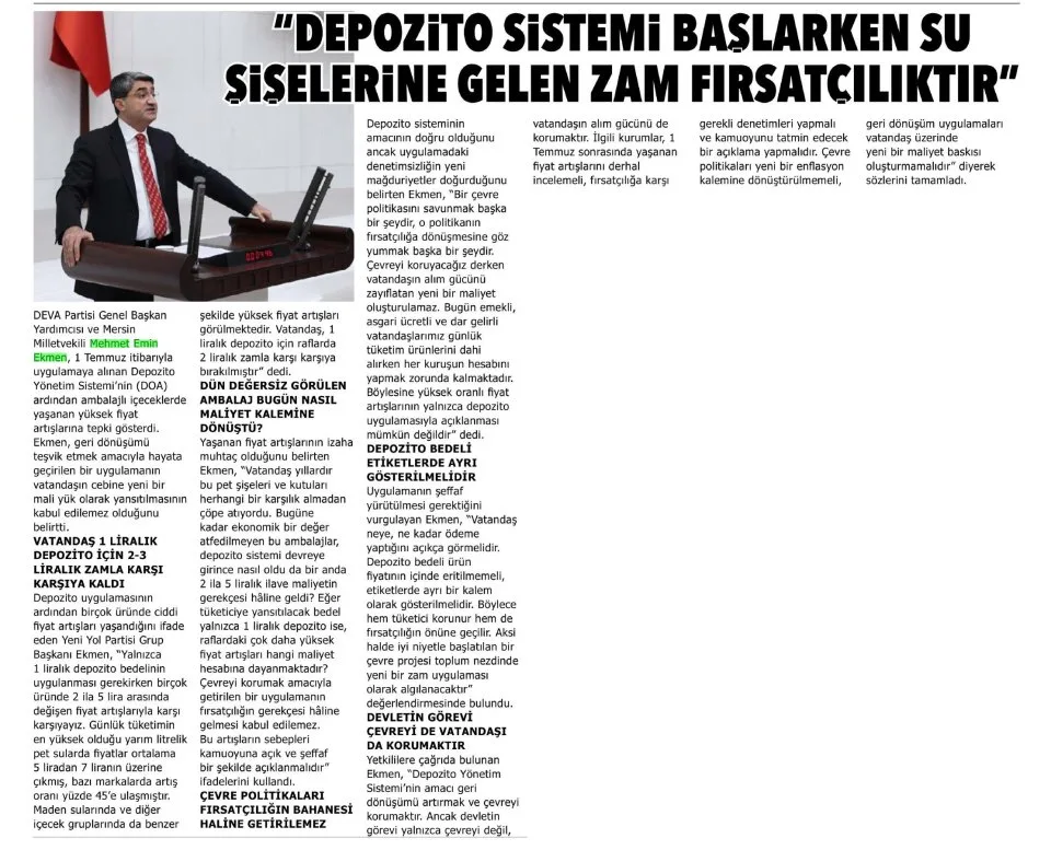 'DEPOZİTO SİSTEMİ BAŞLARKEN SU ŞİŞELERİNE GELEN ZAM FIRSATÇILIKTIR' — gazete kupürü