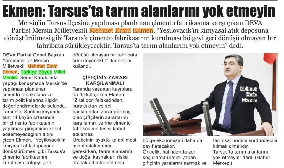 TARIM ALANLARINI YOK ETMEYİN — gazete kupürü