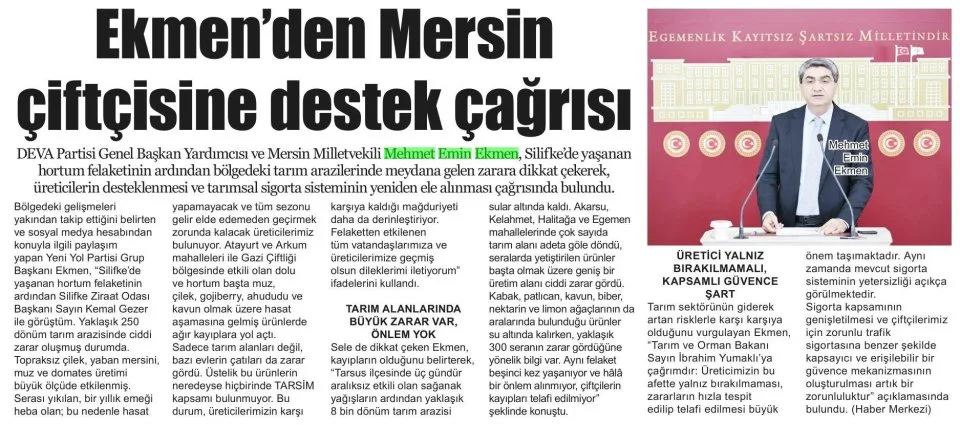 ''MERSİNLİ ÇİFTÇİ KADERİNE TERK EDİLMESİN" — gazete kupürü