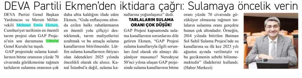DEVA PARTİLİ EKMEN'DEN İKTİDARA ÇAĞRI — gazete kupürü