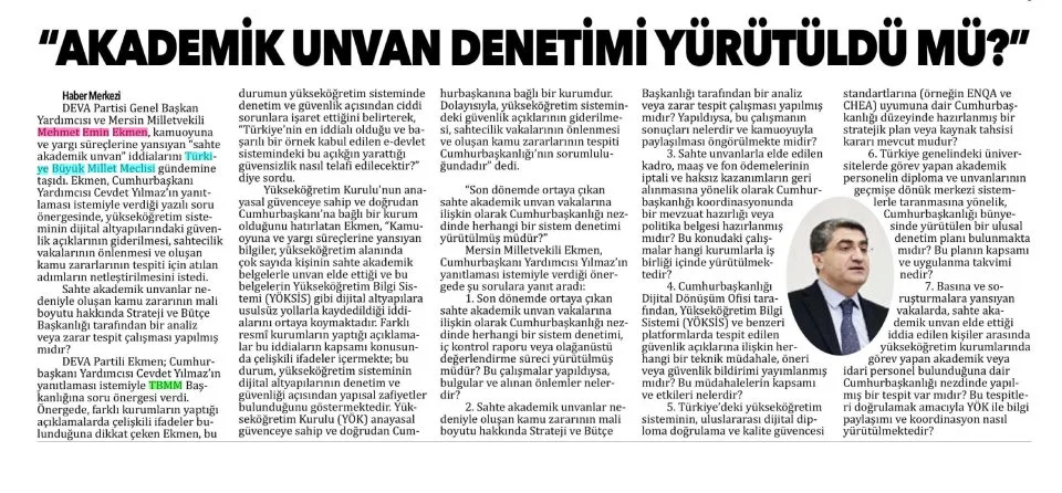 "AKADEMİK UNVAN DENETİMİ YÜRÜTÜLDÜ MÜ?'' — gazete kupürü