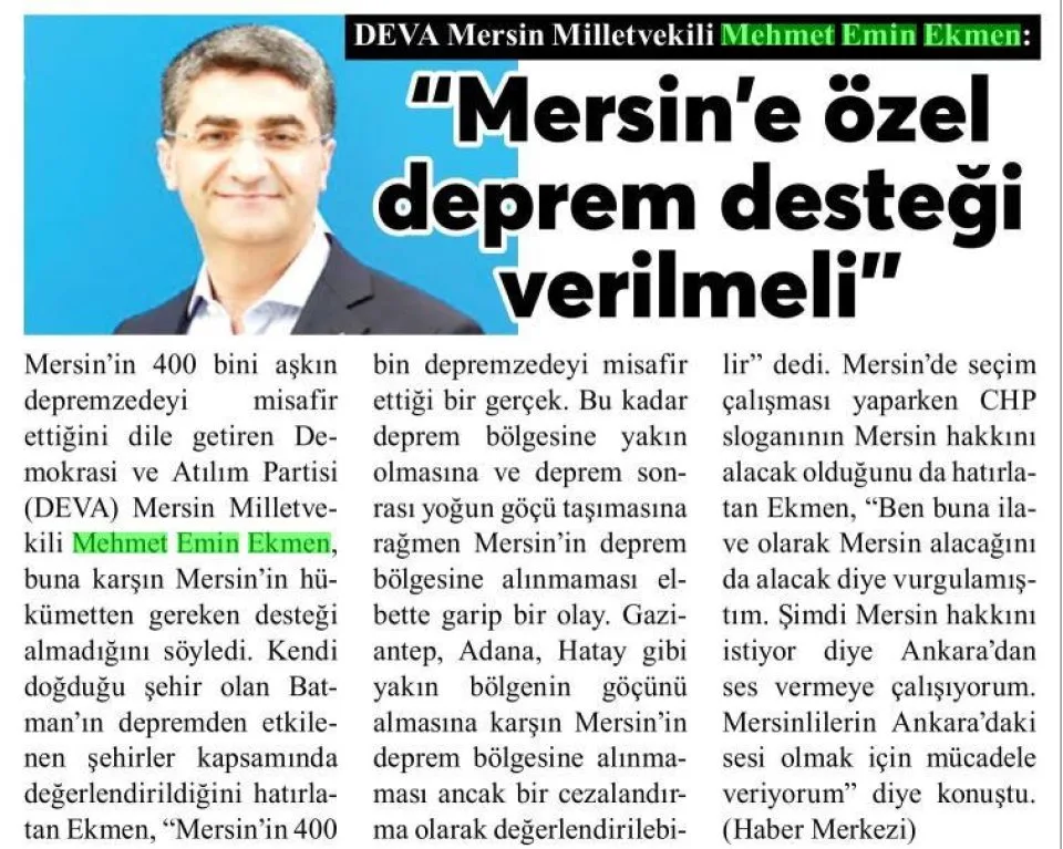 MERSİN'E ÖZEL DEPREM DESTEĞİ VERİLMELİ — gazete kupürü