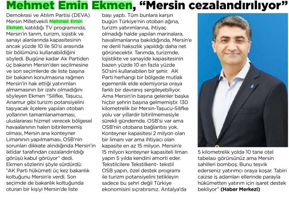 MEHMET EMİN EKMEN, "MERSİN CEZALANDIRILIYOR" — gazete kupürü