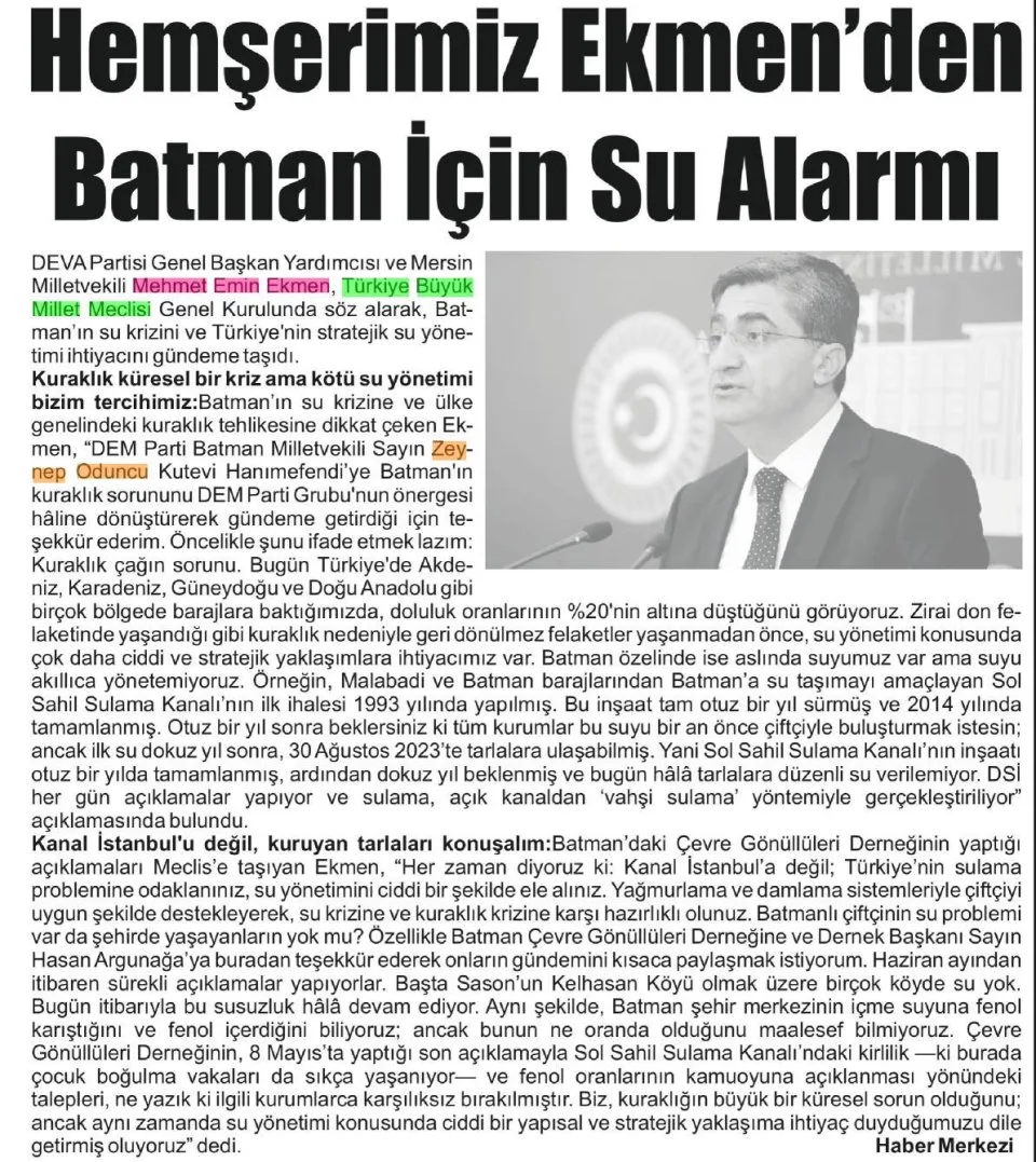 HEMŞERİMİZ EKMENDEN BATMAN İÇİN SU ALARMI — gazete kupürü