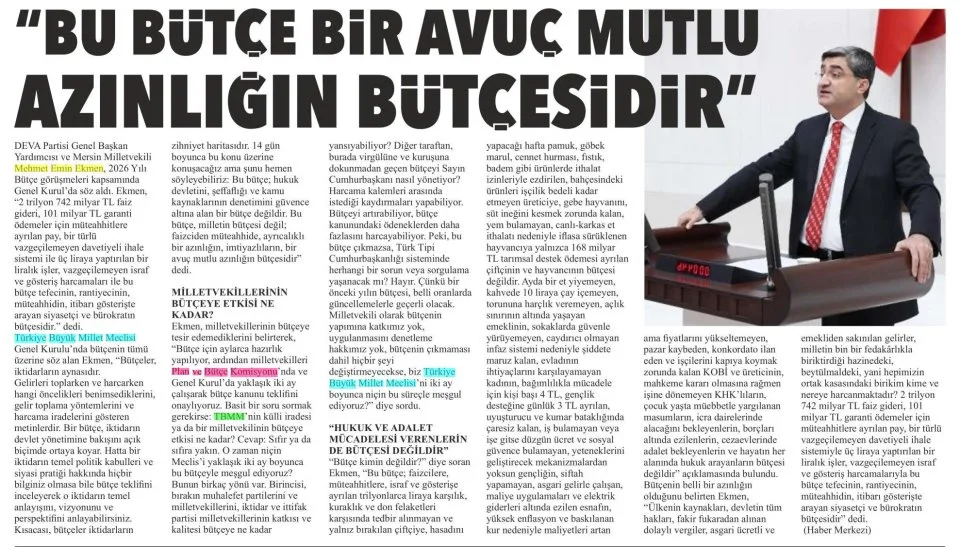 "BU BUTCE BİR AVUÇ MUTLU AZINLIĞIN BÜTÇESİDİR — gazete kupürü