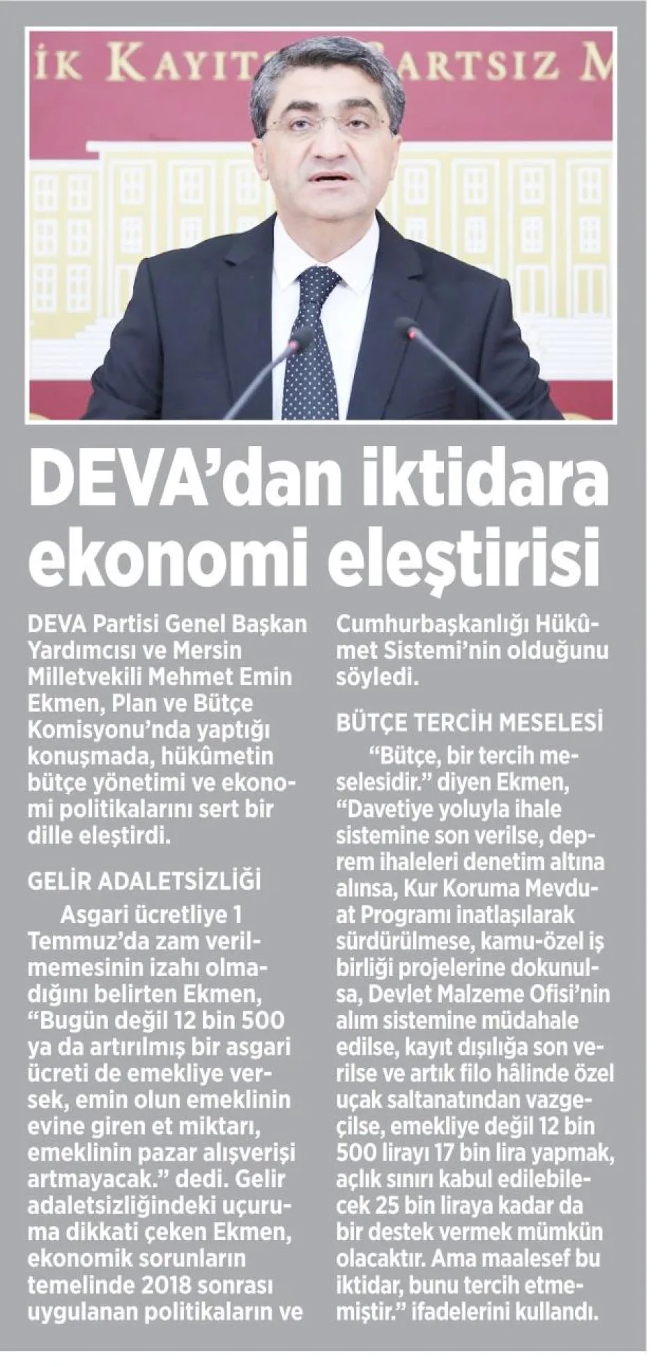 DEVA'DAN İKTİDARA EKONOMİ ELEŞTİRİSİ — gazete kupürü