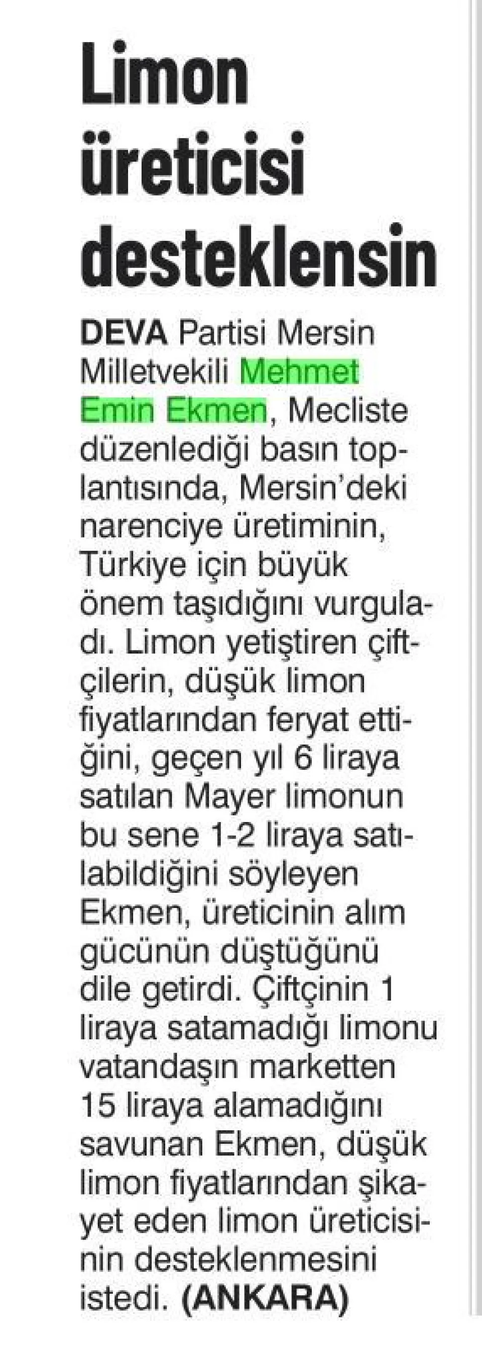 LİMON ÜRETİCİSİ DESTEKLENSİN — gazete kupürü