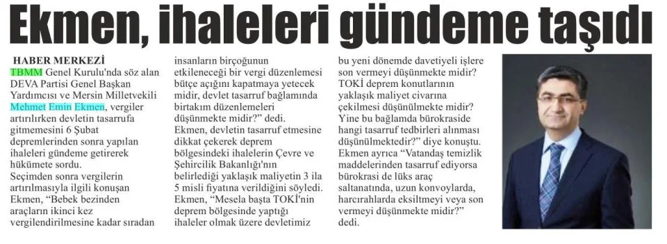 EKMEN, İHALELERİ GÜNDEME TAŞIDI — gazete kupürü