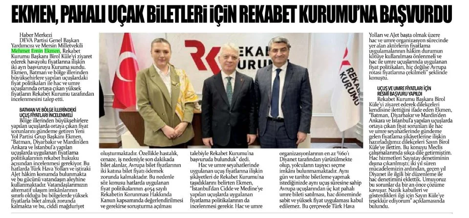 EKMEN, PAHALI UÇAK BİLETLERİ İÇİN REKABET KURUMU'NA BAŞVURDU — gazete kupürü