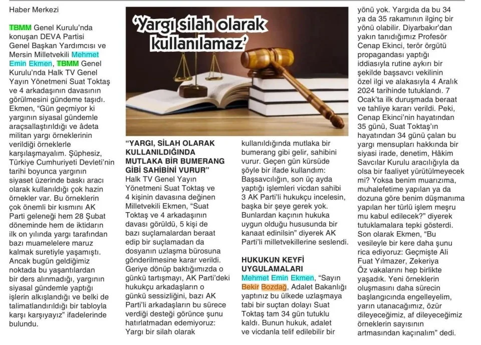 'YARGI SİLAH OLARAK KULLANILAMAZ'' — gazete kupürü