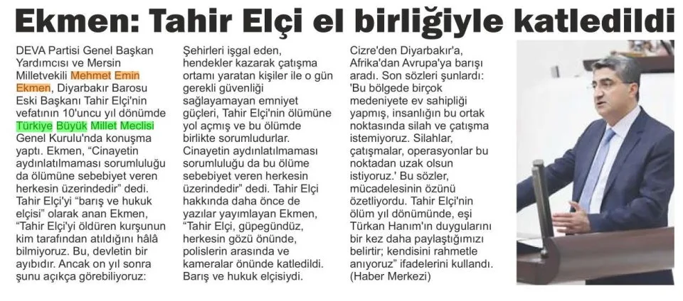 EKMEN: TAHİR ELÇİ EL BİRLİĞİYLE KATLEDİLDİ — gazete kupürü