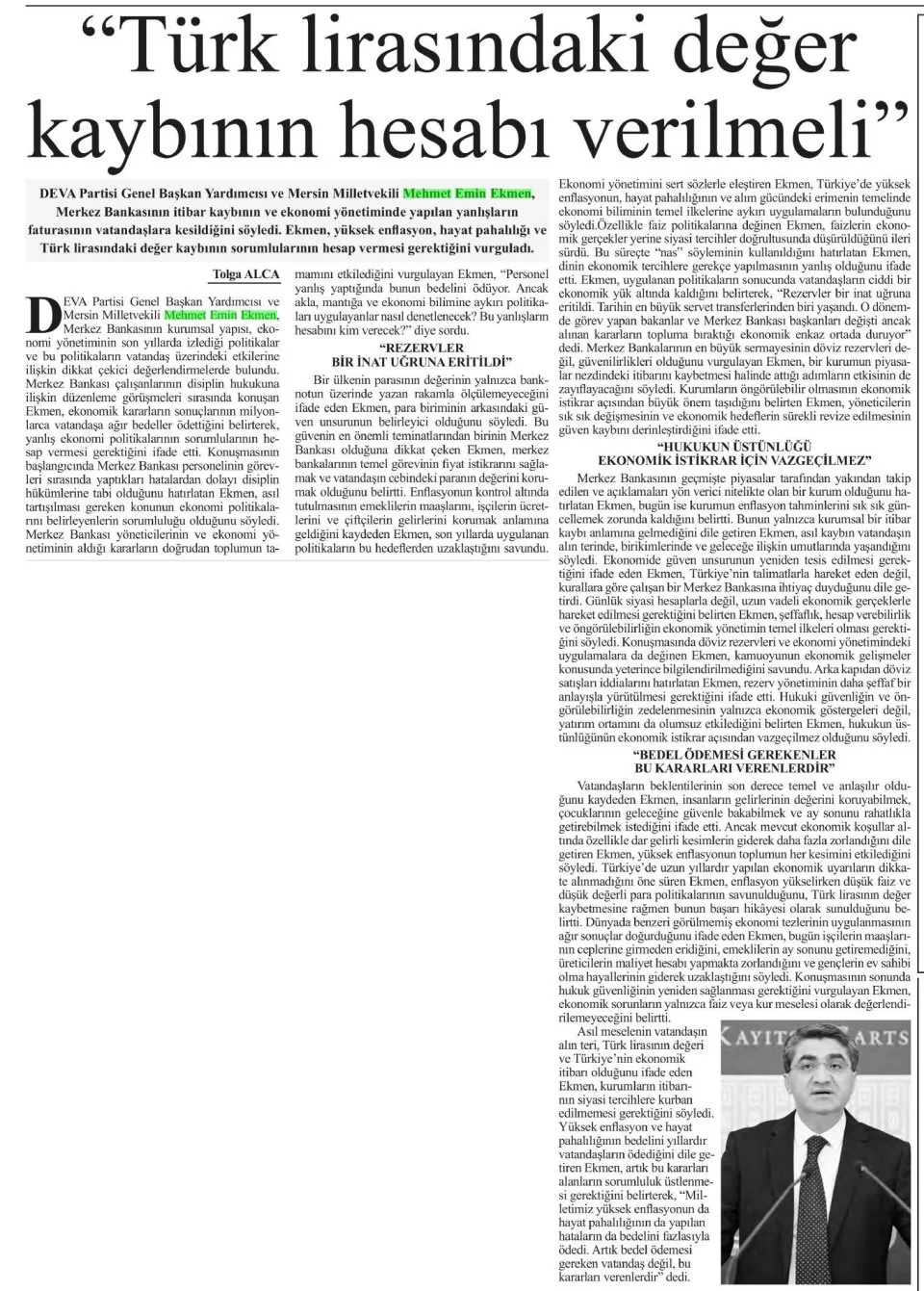 "TÜRK LİRASINDAKİ DEĞER KAYBININ HESABI VERİLMELİ" — gazete kupürü