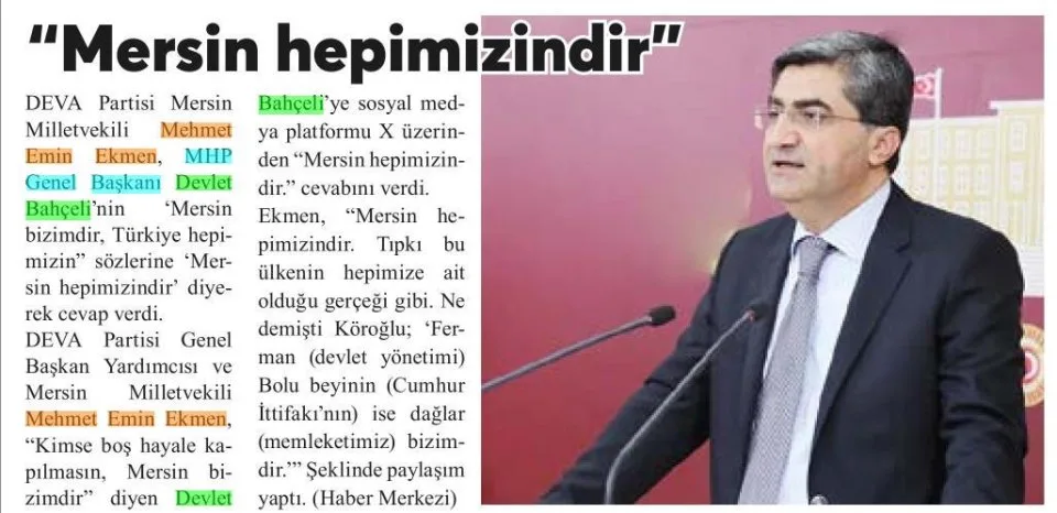 MERSİN HEPİMİZİNDİR — gazete kupürü