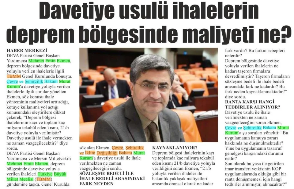 DAVETİYE USULÜ İHALELERİN DEPREM BÖLGESİNDE MALİYETİ NE — gazete kupürü