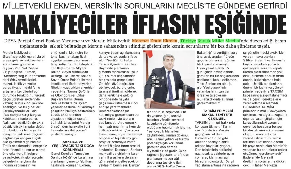 MERSİN'İN ÇIĞLIĞINI MECLİS'E TAŞIDI — gazete kupürü