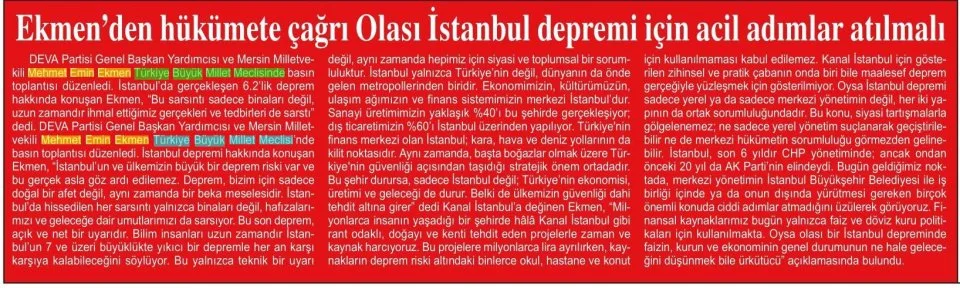 EKMEN'DEN HÜKÜMETE ÇAĞRI OLASI İSTANBUL DEPREMİ İÇİN ACİL ADIMLAR ATILMALI — gazete kupürü