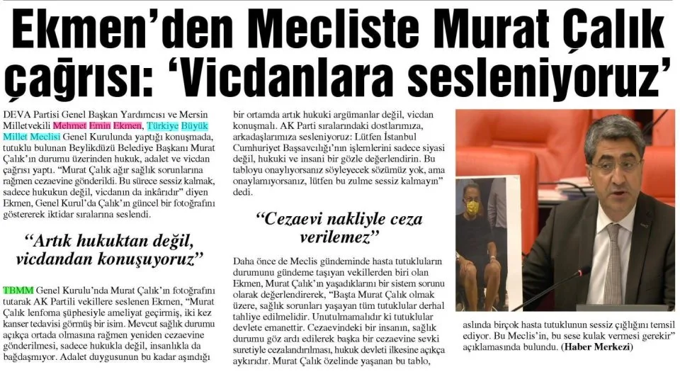 EKMENDEN MECLİSTE MURAT ÇALIK ÇAĞRISI — gazete kupürü