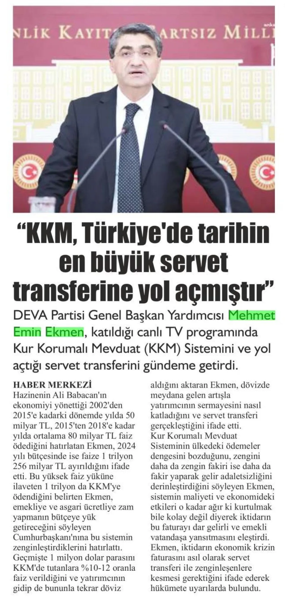 KKM, TÜRKİYE'DE TARİHİN EN BÜYÜK SERVET TRANSFERİNE YOL AÇMIŞTIR — gazete kupürü
