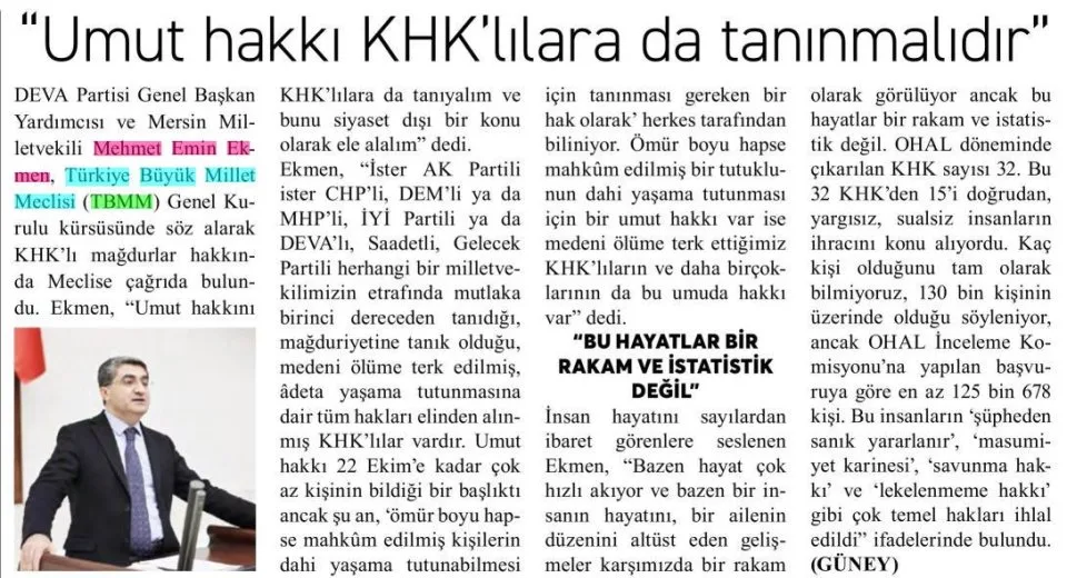 "UMUT HAKKI KHK'LILARA DA TANINMALIDIR" — gazete kupürü