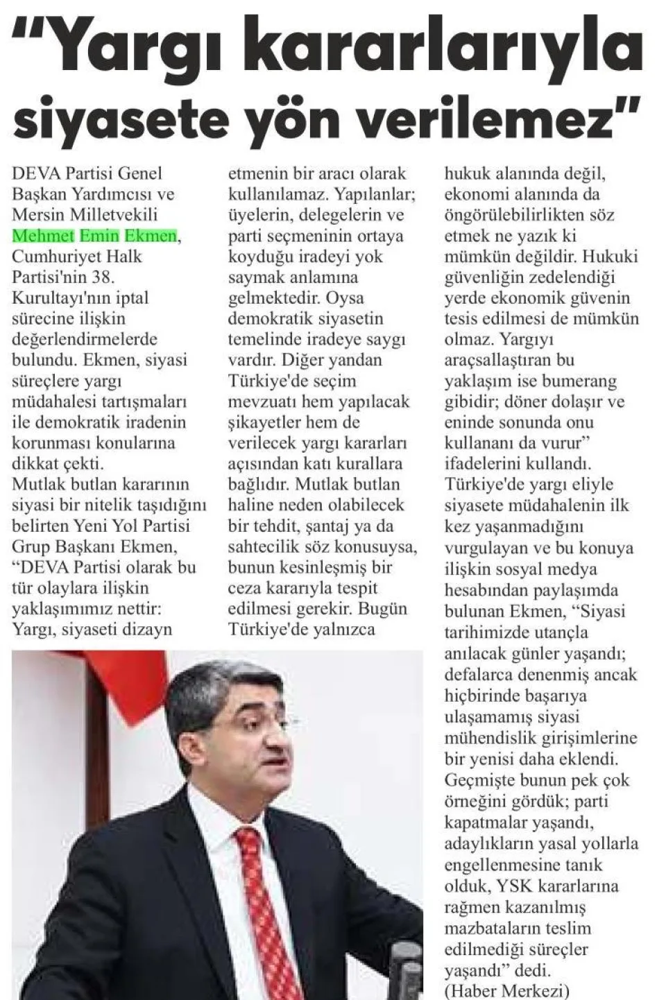 'YARGI KARARLARIYLA SİYASETE YÖN VERİLEMEZ' — gazete kupürü