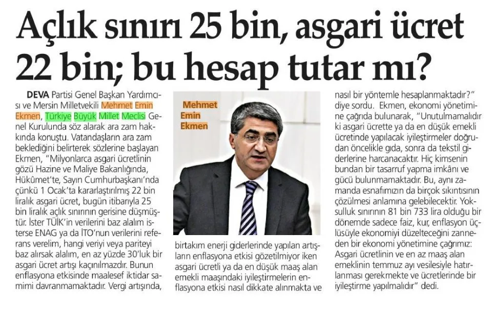AÇLIK SININ 25 BİN, ASGARİ ÜCRET 22 BİN BU HESAP TUTAR MI? — gazete kupürü