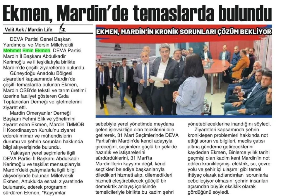 EKMEN MARDİN İN KRONİK SORUNLARI ÇÖZÜM BEKLİYOR — gazete kupürü