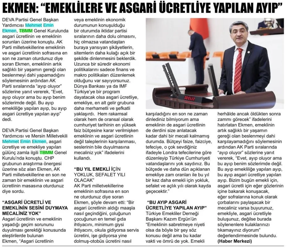 EKMEN : EMEKLİLERE VE ASGARİ ÜCRETLİYE YAPILAN AYIP — gazete kupürü