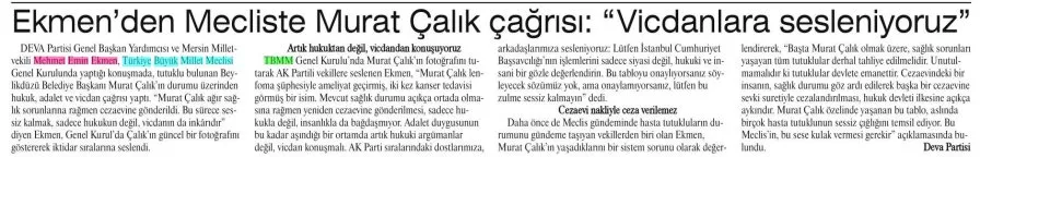 EKMEN'DEN MECLİSTE MURAT ÇALIK ÇAĞRISI — gazete kupürü