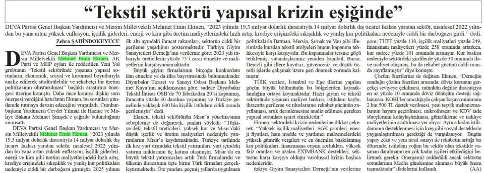 "TEKSTİL SEKTÖRÜ YAPISAL KRİZİN EŞİĞİNDE" — gazete kupürü