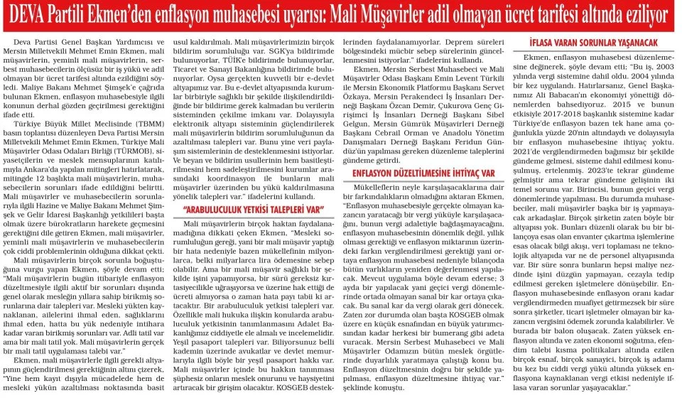 DEVA PARTİLİ EKMEN'DEN ENFLASYON MUHASEBESİ UYARISI — gazete kupürü