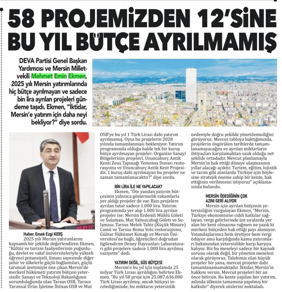 "58 PROJEMİZDEN 12'SİNE BU YIL BÜTÇE AYRILMAMIŞ" — gazete kupürü