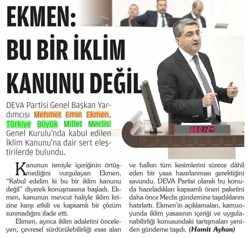 EKMEN: BU BİR İKLİM KANUNU DEĞİL — gazete kupürü