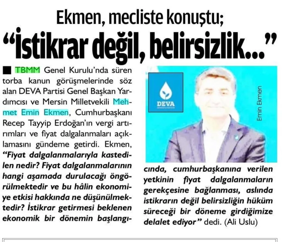 İSTİKRAR DEĞİL BELİRSİZLİK — gazete kupürü