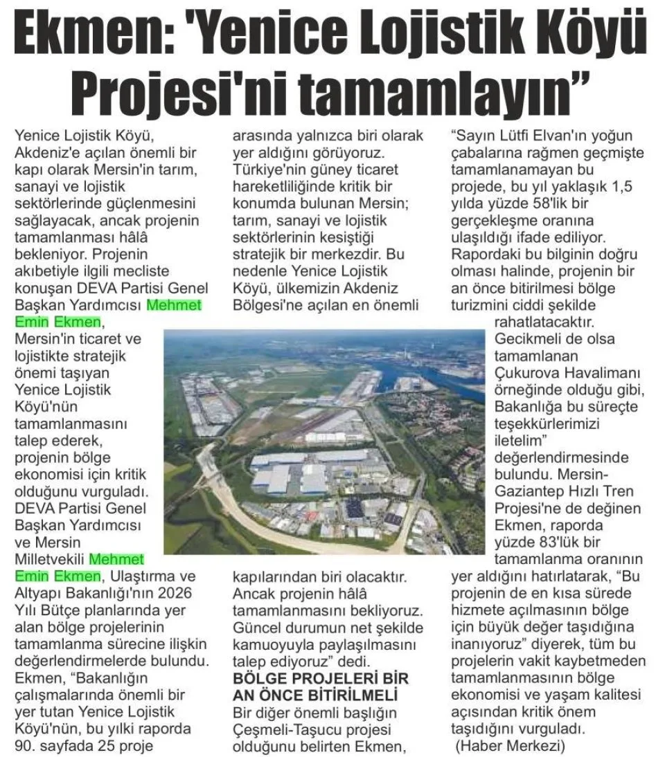 EKMEN: VAKİT KAYBETMEDEN BİTİRİN — gazete kupürü