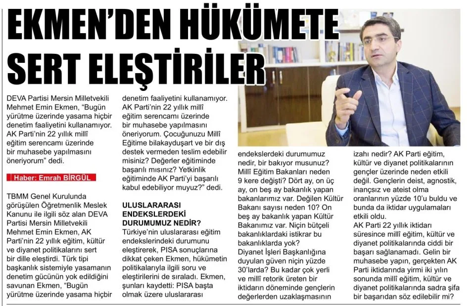 EKMEN'DEN HÜKÜMETE SERT ELEŞTİRİLER — gazete kupürü