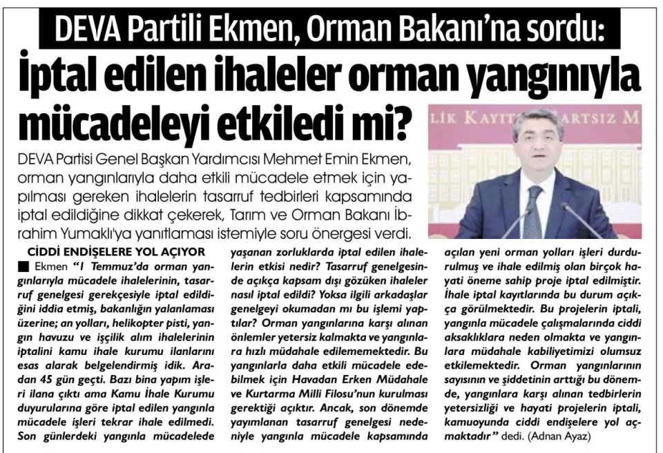 DEVA PARTİLİ EKMEN, ORMAN BAKANI'NA SORDU — gazete kupürü