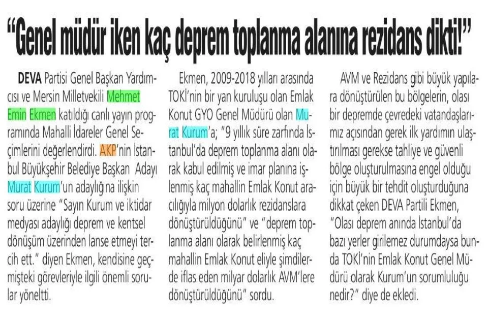 GENEL MÜDÜR İKEN KAÇ DEPREM TOPLANMA ALANINA REZİDANS DİKTİ! — gazete kupürü