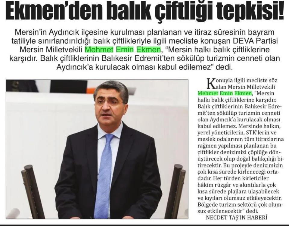 EKMEN DEN BALIK ÇİFTLİĞİ TEPKİSİ! — gazete kupürü