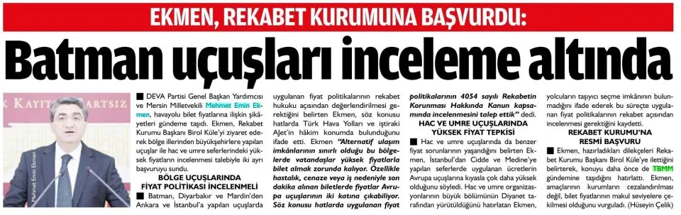 BATMAN UÇUŞLARI İNCELEME ALTINDA — gazete kupürü