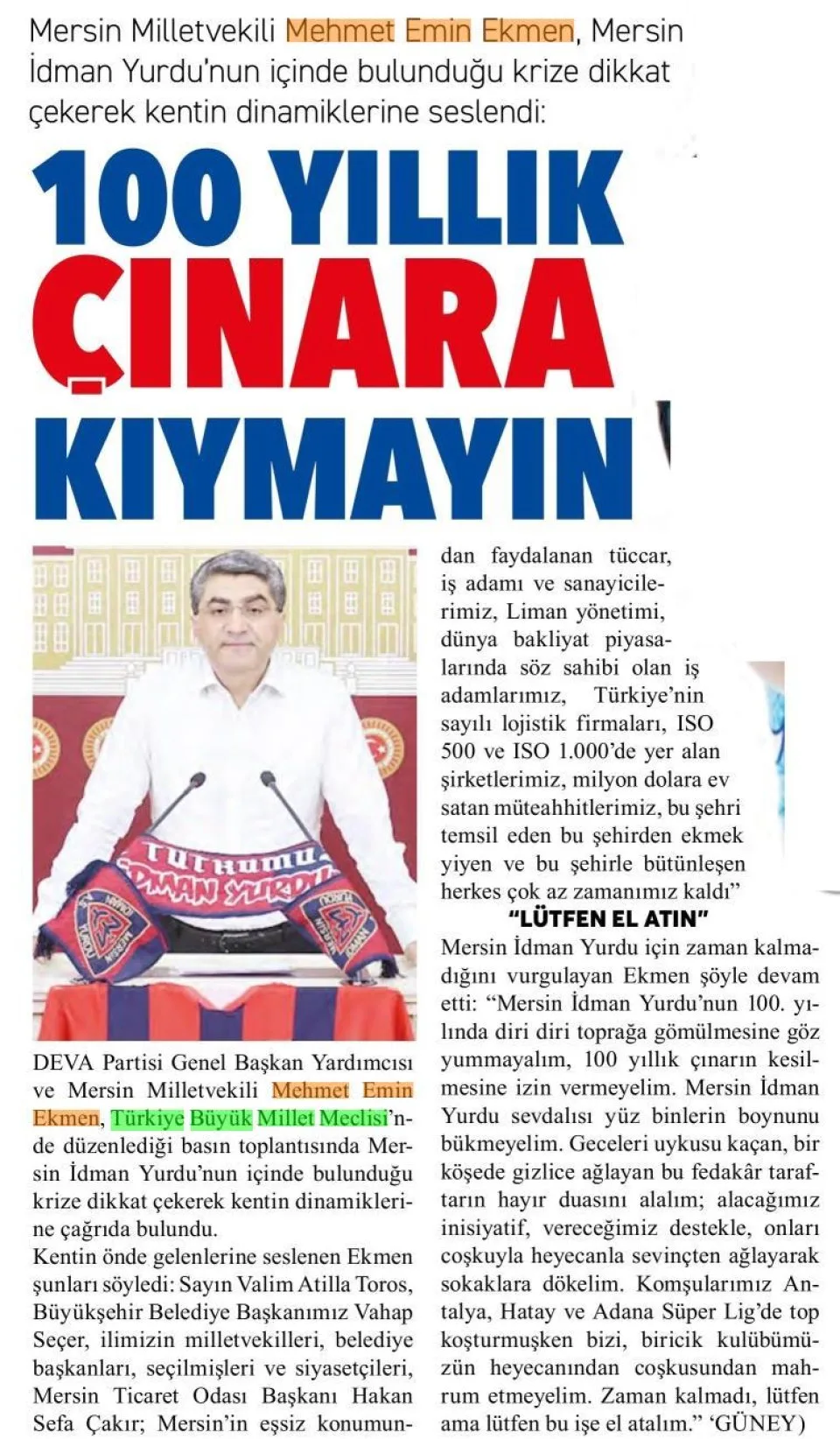 100 YILLIK ÇINARA KIYMAYIN — gazete kupürü