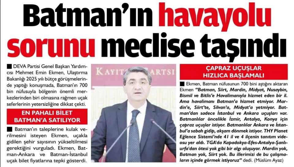 BATMAN'IN HAVAYOLU SORUNU MECLİSE TASINDI — gazete kupürü