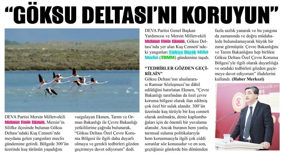"GÖKSU DELTASI'NI KORUYUN" — gazete kupürü