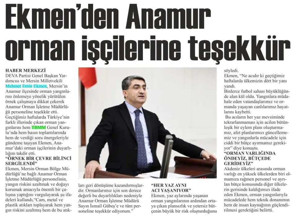 EKMEN'DEN ANAMUR ORMAN İŞÇİLERİNE TEŞEKKÜR — gazete kupürü