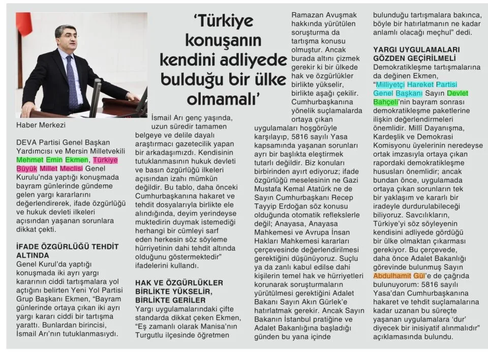 'TÜRKİYE KONUŞANIN KENDİNİ ADLİYEDE BULDUĞU BİR ÜLKE OLMAMALI' — gazete kupürü