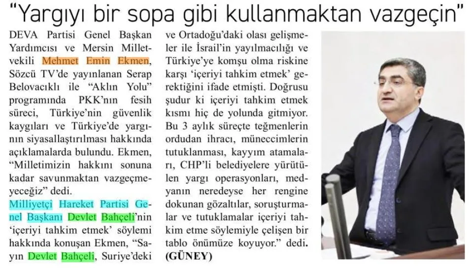"YARGIYI BİR SOPA GİBİ KULLANMAKTAN VAZGEÇİN" — gazete kupürü