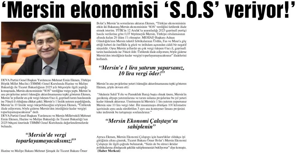 'MERSİN EKONOMİSİ 'S.O.S' VERİYOR!' — gazete kupürü