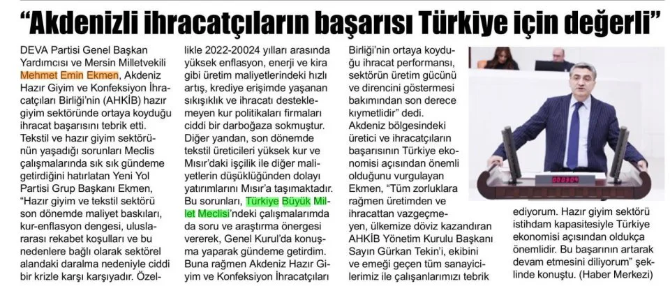 "AKDENİZLİ İHRACATÇILARIN BAŞARISI TÜRKİYE İÇİN DEĞERLİ — gazete kupürü