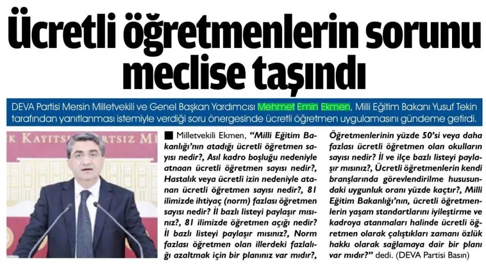 ÜCRETLİ ÖĞRETMENLERİN SORUNU MECLİSE TAŞINDI — gazete kupürü